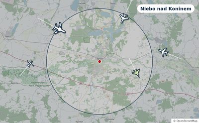 Mapa okolic miasta z sylwetkami samolotów — Niebo nad Koninem